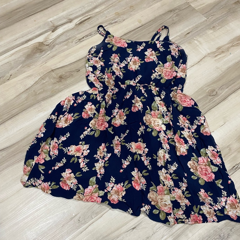 Rue21 Navy Floral Dress Medium Lace Up Back Sleeveless Fit Flare Cottagecore